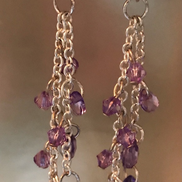 Silver Chain Purple Teardrop Long Earrings - Picture 4 of 6
